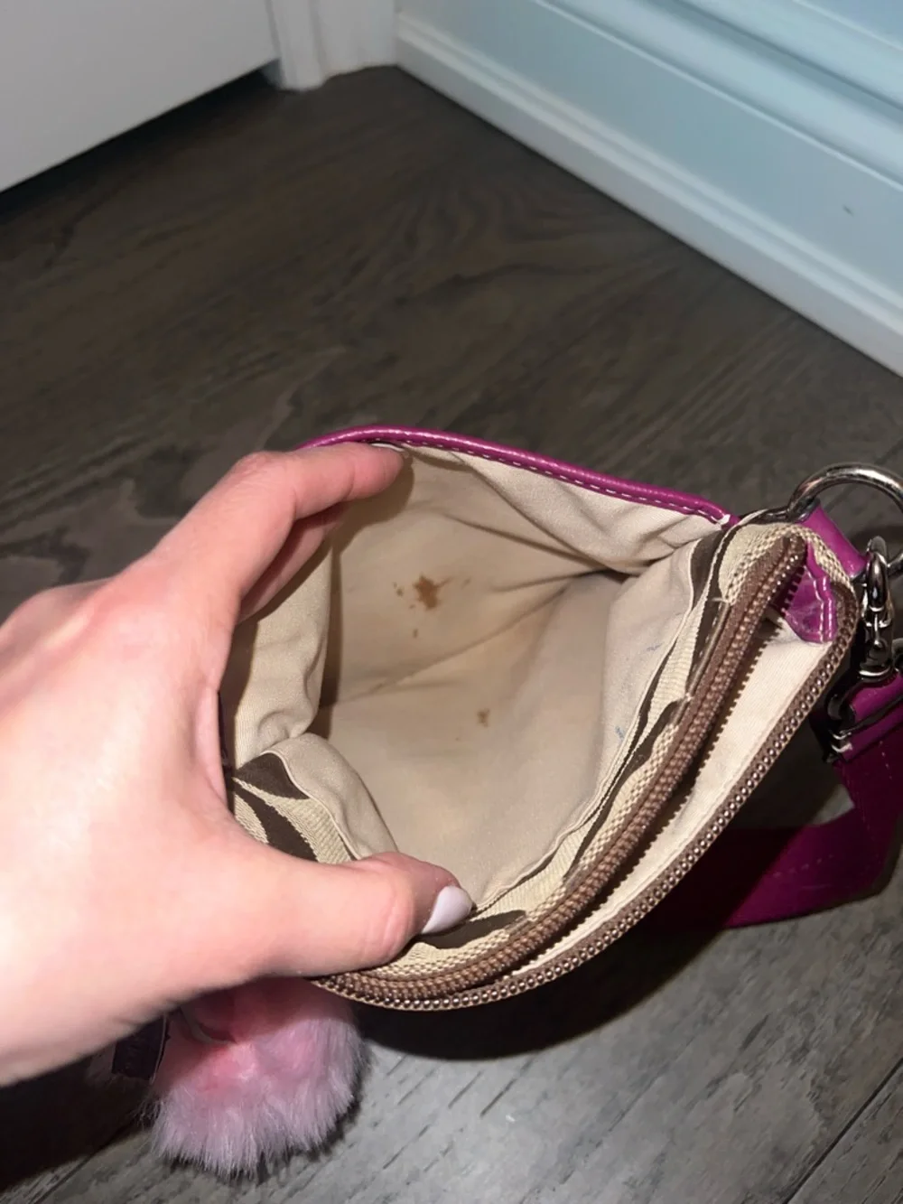 Coach Brown Signature Crossbody with Pink Trim and Pom Charm - Picture 8 of 11